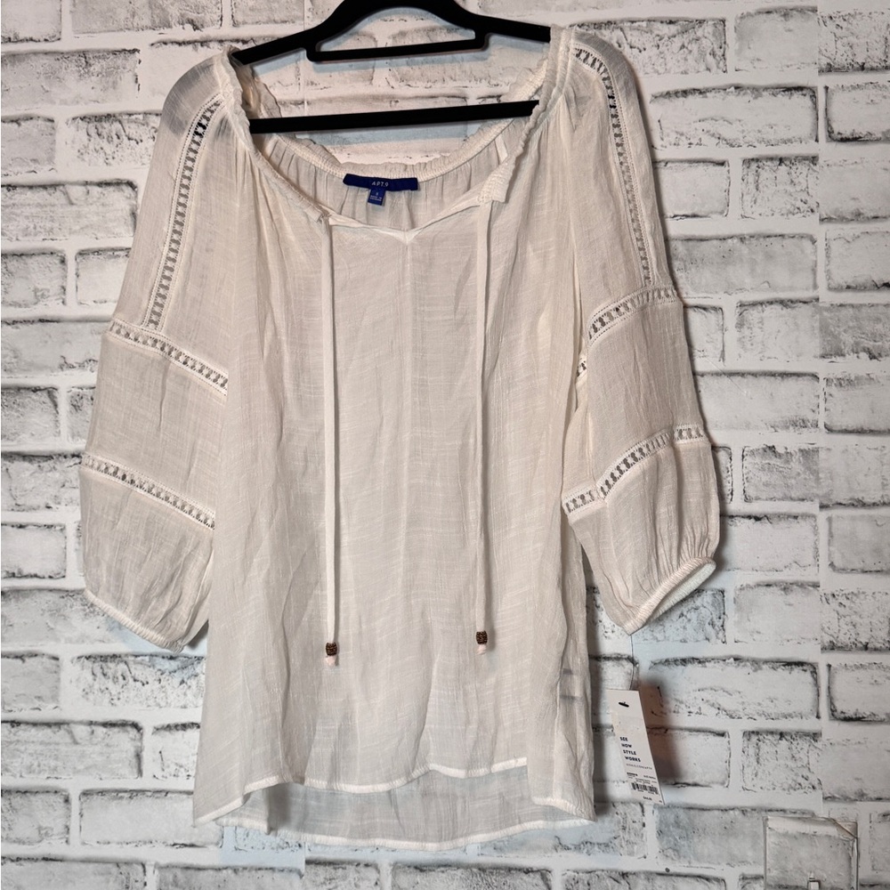 Apt.‎ 9 White Tie Front lose fitting boho blouse eyelet detail bohemian beads
